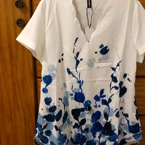 White V-Neck Floral Print Blouse with Blue Watercolor Motif